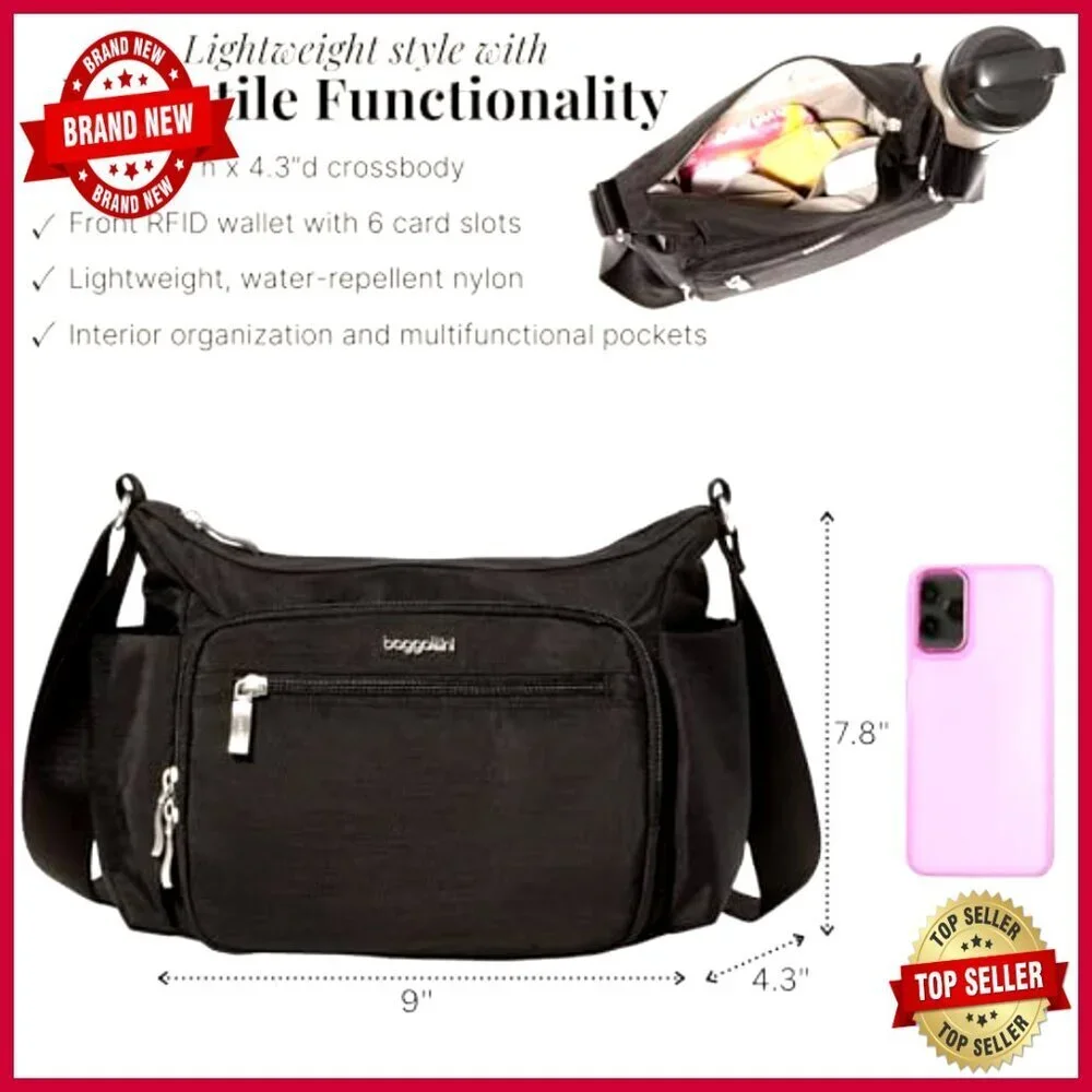 Spacious RFID-Protected Crossbody Hobo Bag with Water Bottle Pockets